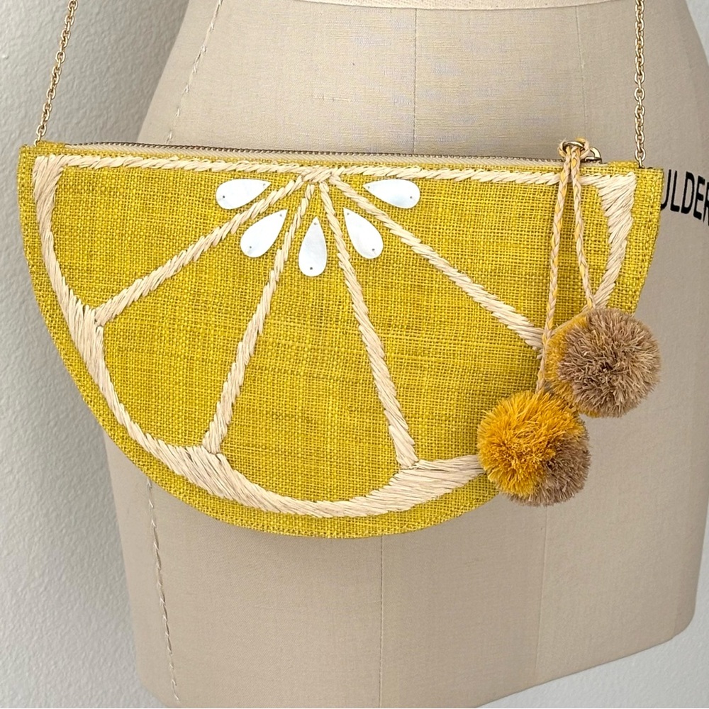 J Crew KAYU Limon Crossbody/Clutch Bag NWOT Yellow Raffia, Mother of Pearl Shell - Picture 2 of 6